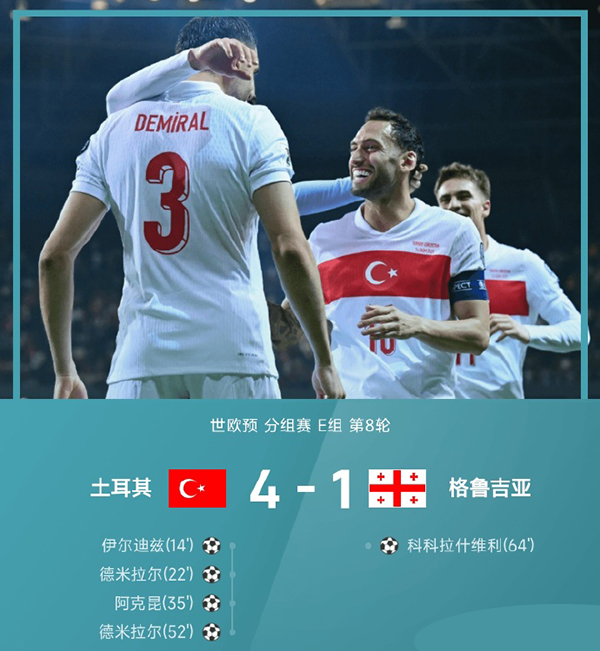 土耳其4-1轻取格鲁吉亚，伊尔迪兹、德米拉尔建功，主队主场强势领跑E组